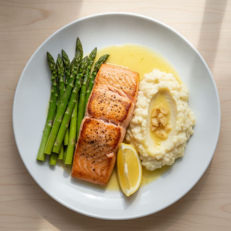 Seared Salmon Fillet with Steamed Asparagus and Cauliflower Mash