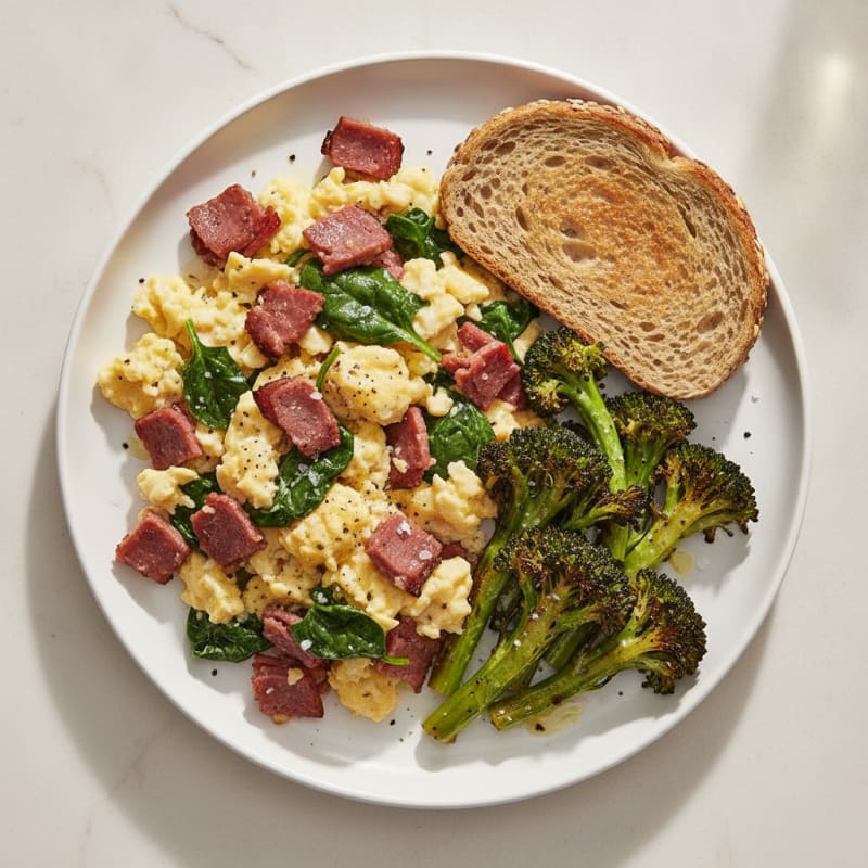 Pastrami and Egg Scramble with Roasted Vegetables