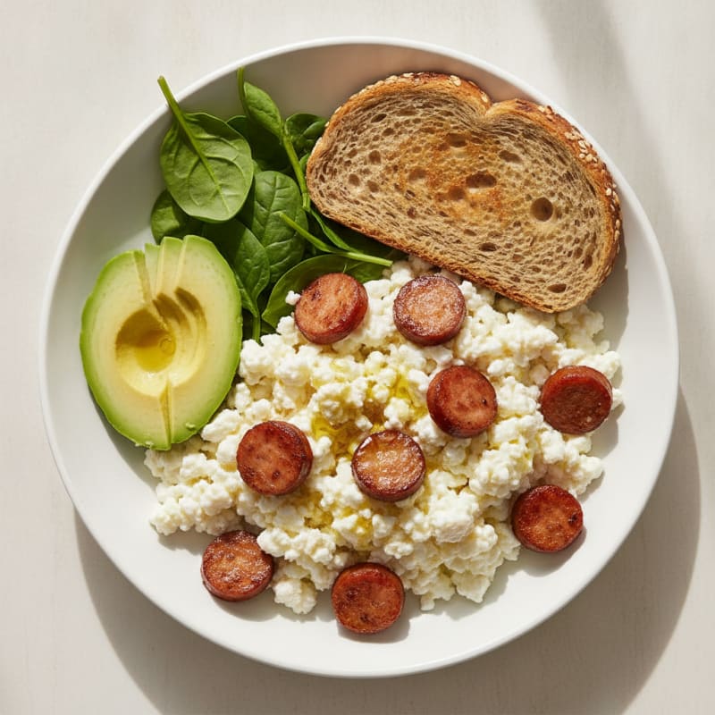 Egg White Scramble with Turkey Sausage and Cottage Cheese