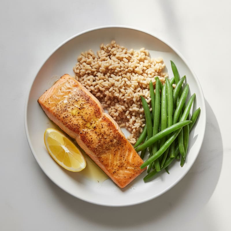 Seared Salmon with Steamed Green Beans and Brown Rice