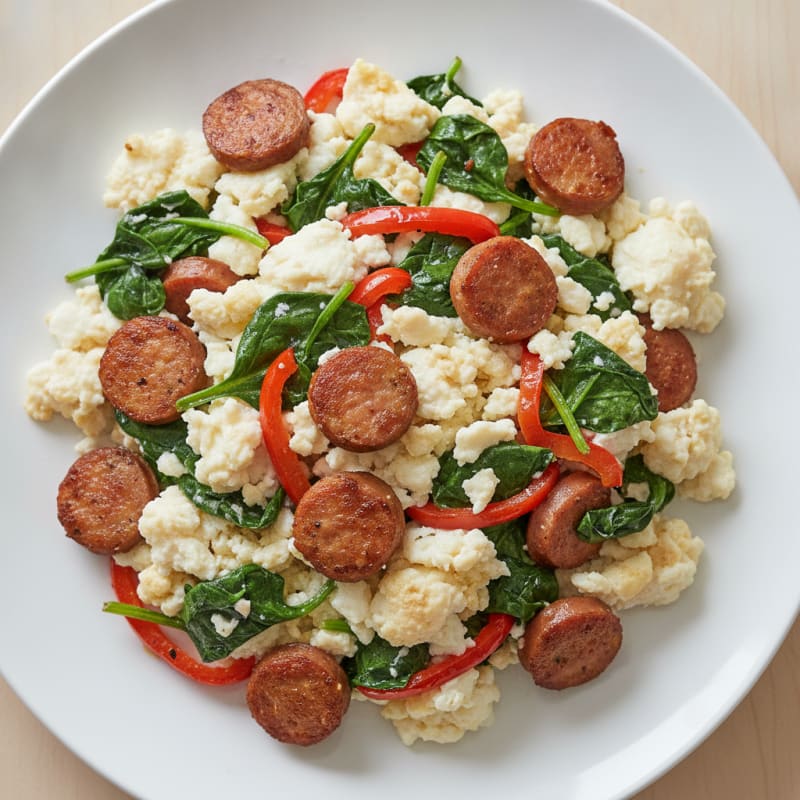 Egg White Scramble with Turkey Sausage and Sautéed Spinach