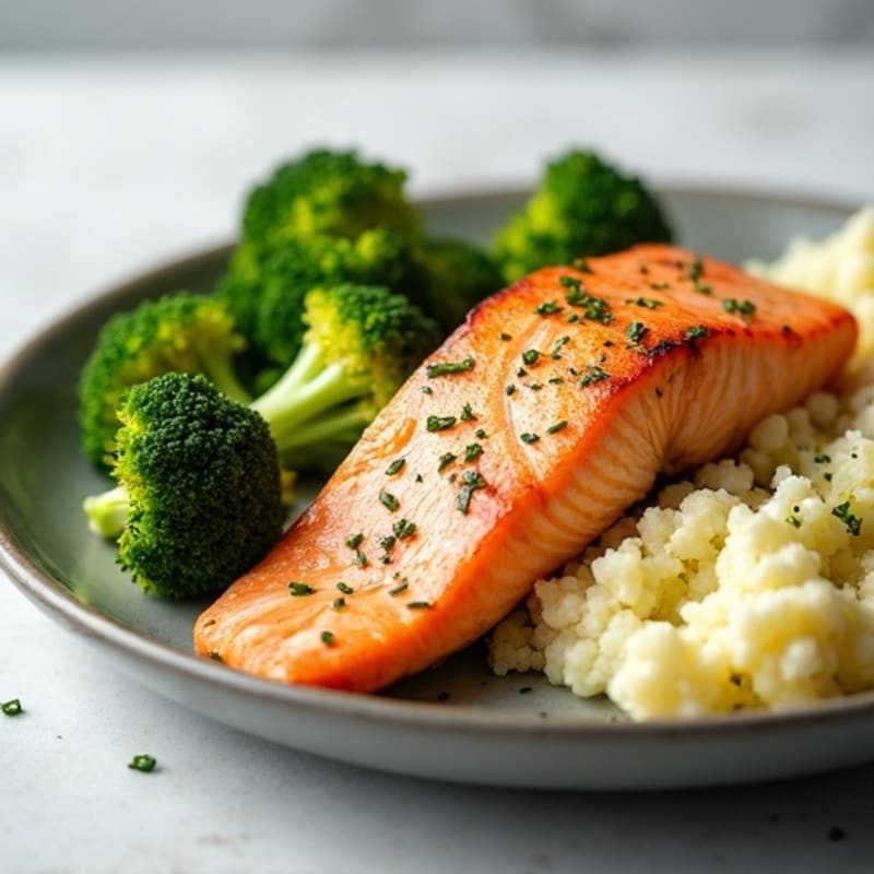 Baked Salmon with Roasted Broccoli and Garlic Mashed Cauliflower
