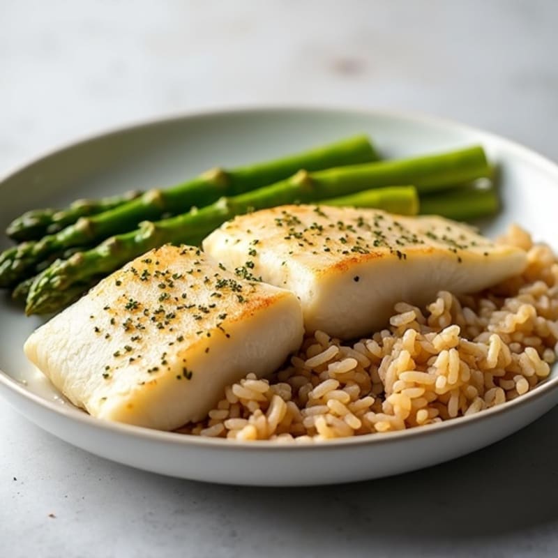 Baked White Fish with Steamed Asparagus and Brown Rice