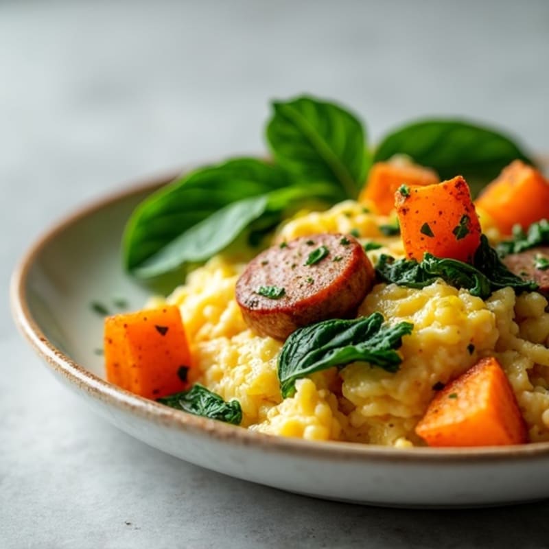 Egg White and Chicken Sausage Scramble with Spinach and Roasted Sweet Potato