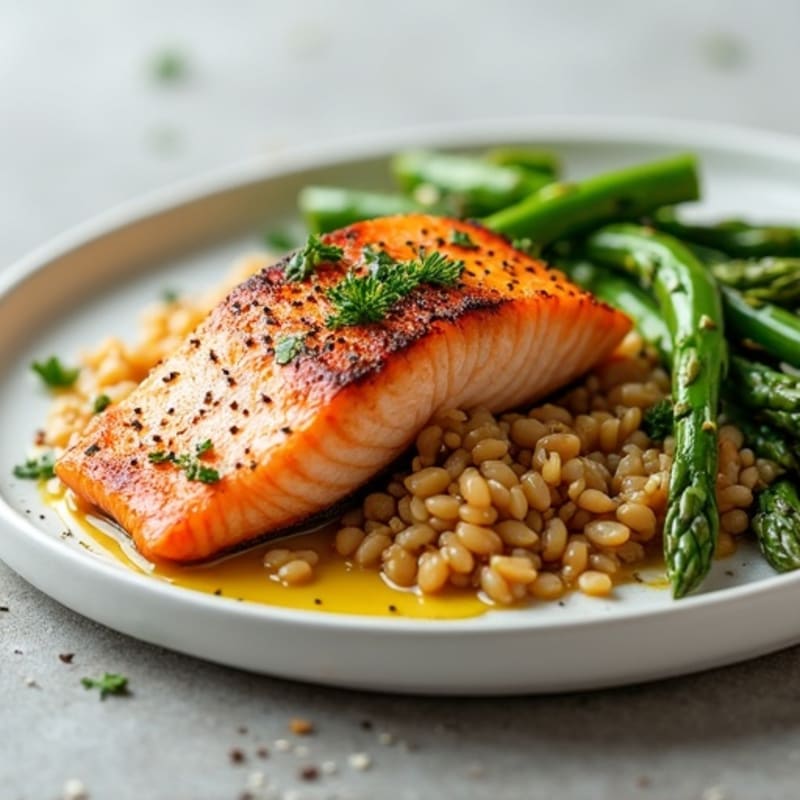 Seared Salmon with Steamed Asparagus and Lentil Mash