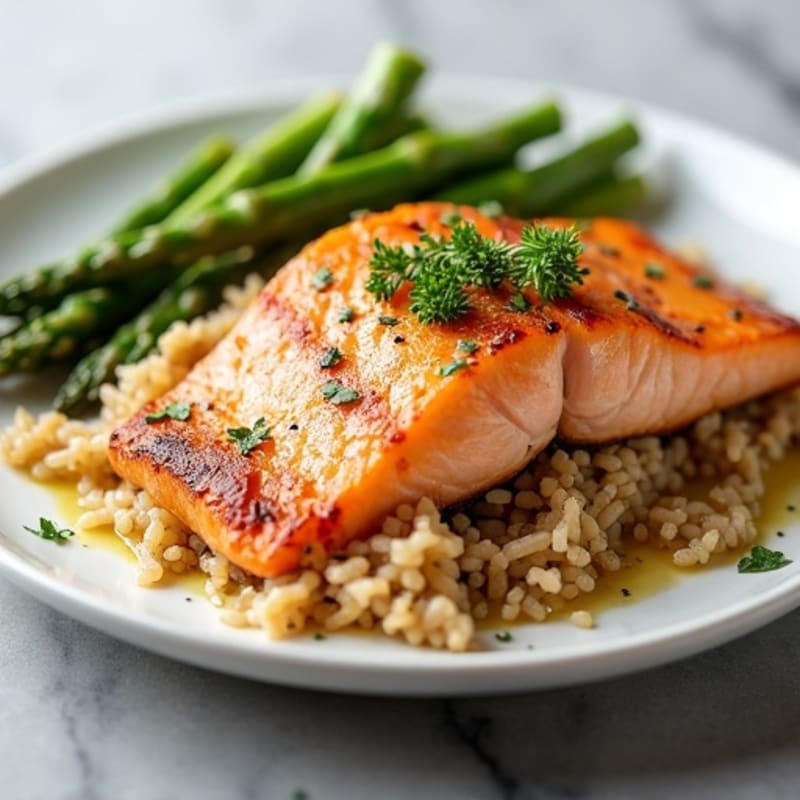 Seared Salmon Fillet with Steamed Asparagus and Brown Rice