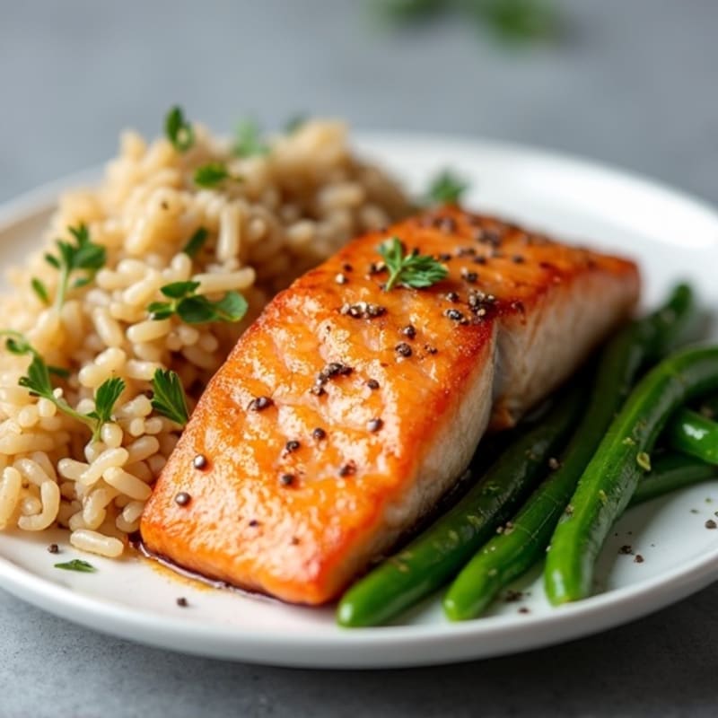 Seared Salmon with Steamed Green Beans and Brown Rice