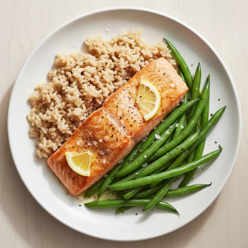 Seared Salmon with Steamed Green Beans and Brown Rice