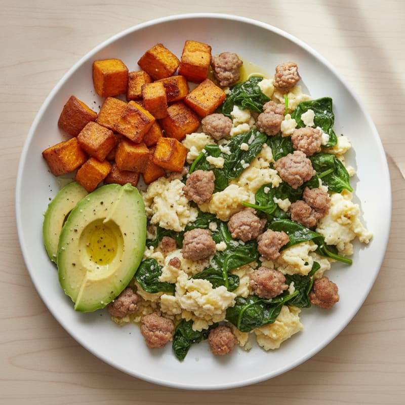 Egg White Scramble with Turkey Sausage and Sautéed Spinach