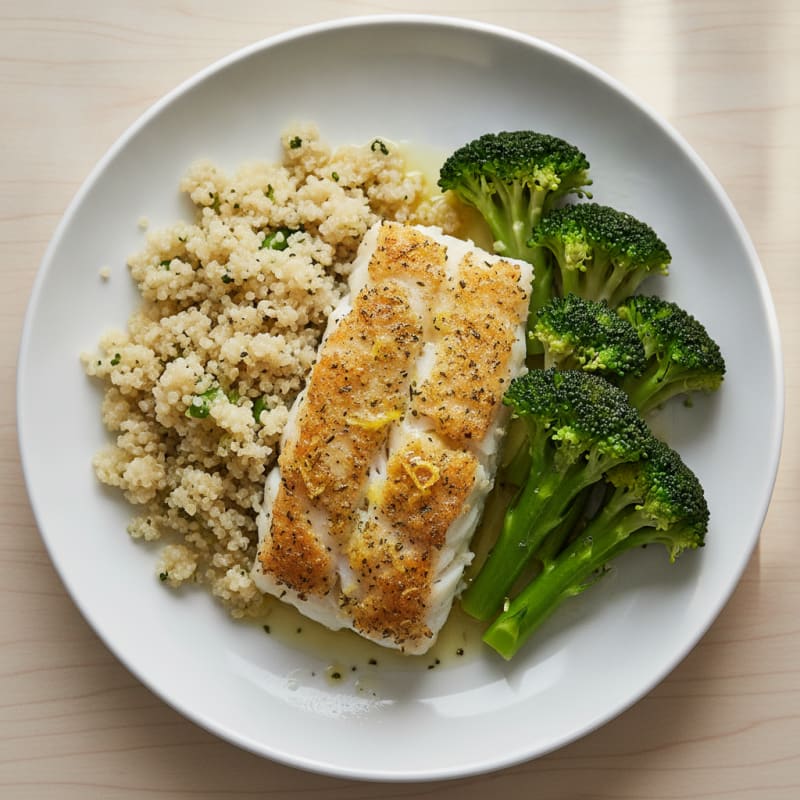 Baked Cod with Steamed Broccoli and Quinoa