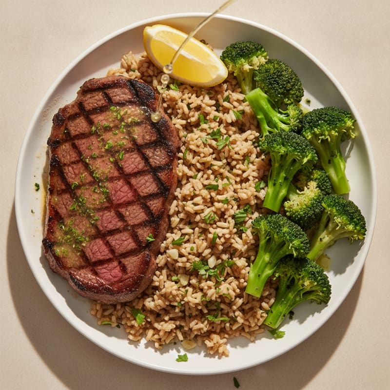 Grilled Steak with Herb Rice and Steamed Broccoli