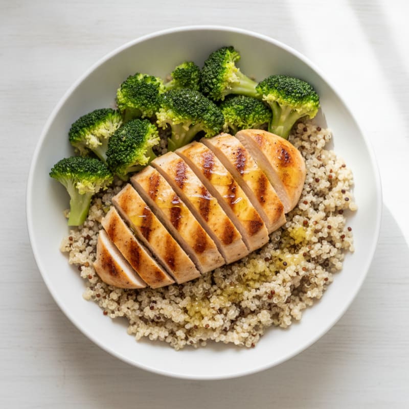 Grilled Chicken Breast and Quinoa Power Bowl with Broccoli