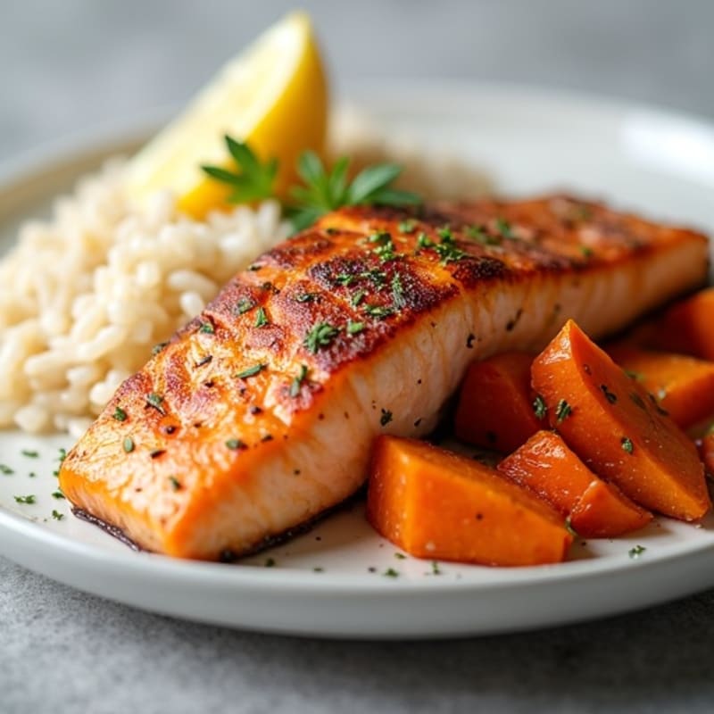 Seared Salmon with Roasted Sweet Potatoes and Steamed Rice