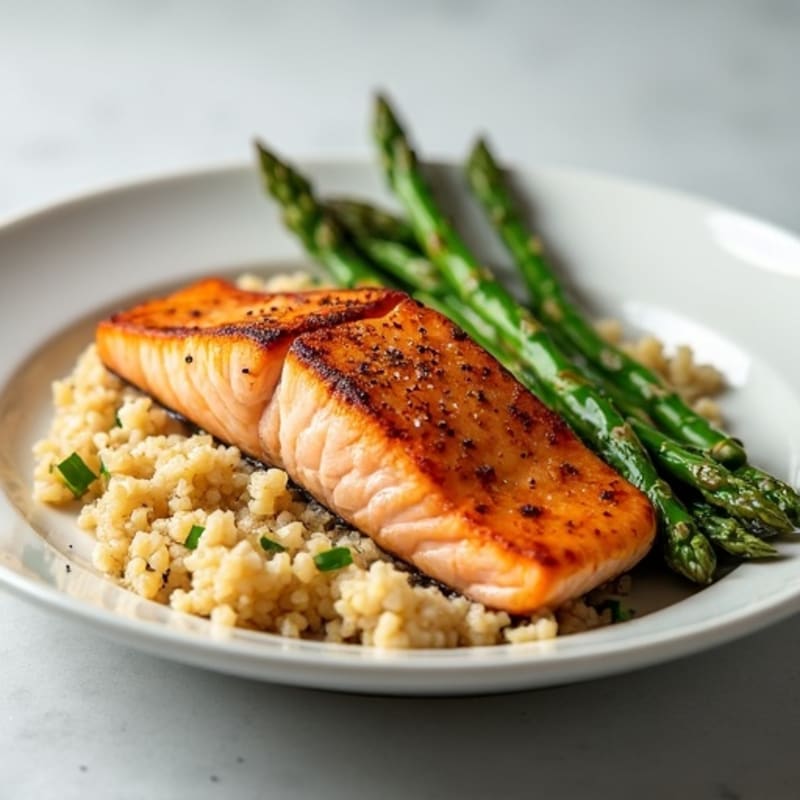 Seared Salmon Fillet with Steamed Asparagus and Brown Rice