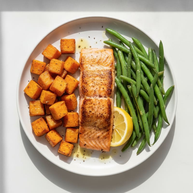 Seared Salmon Fillet with Roasted Sweet Potatoes and Green Beans