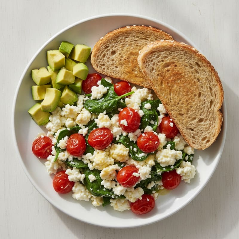 Cottage Cheese Egg Scramble with Spinach and Cherry Tomatoes