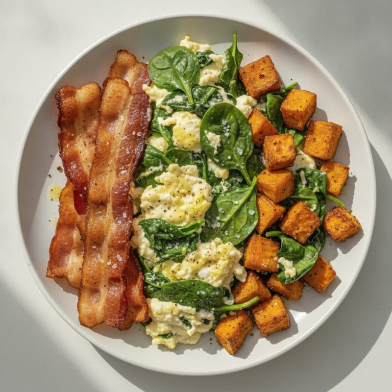 Crispy Turkey Bacon and Egg White Scramble with Sautéed Spinach
