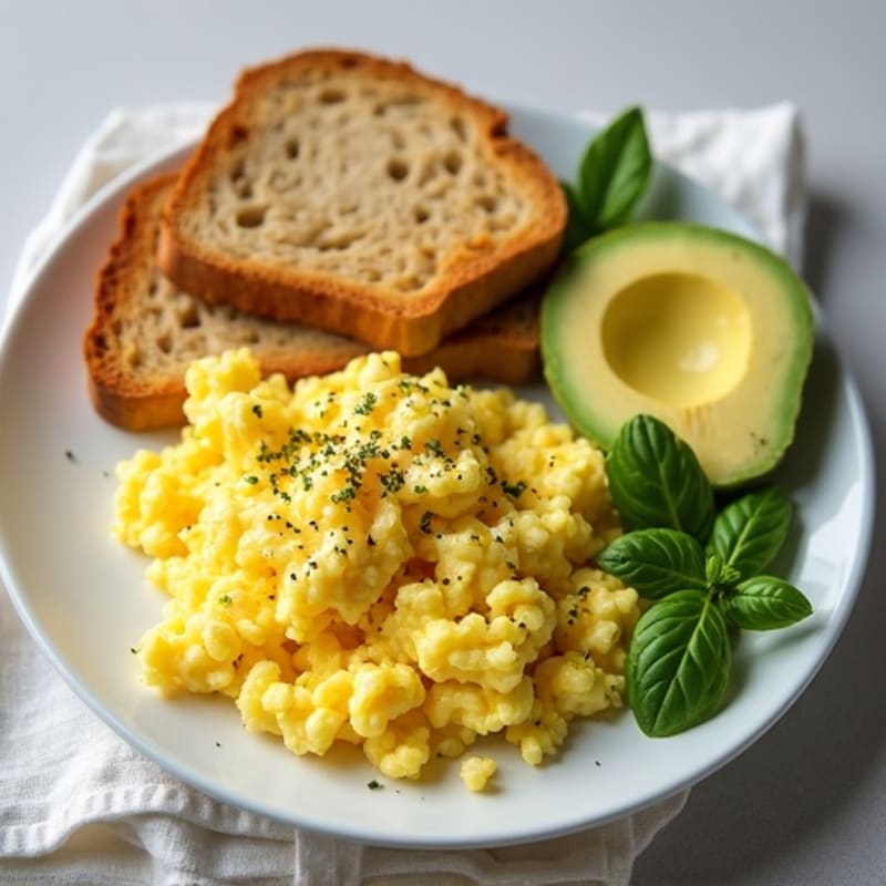 Scrambled Eggs with Fresh Avocado and Crispy Ezekiel Toast