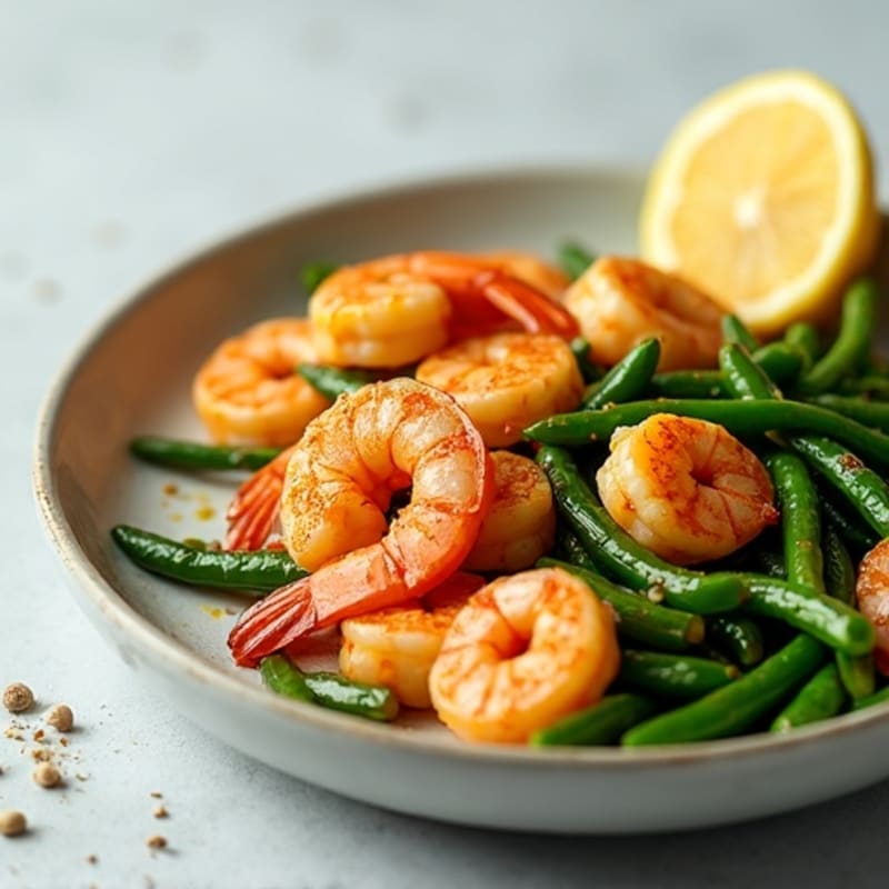 Lemon Garlic Pan-Seared Shrimp with Roasted Green Beans
