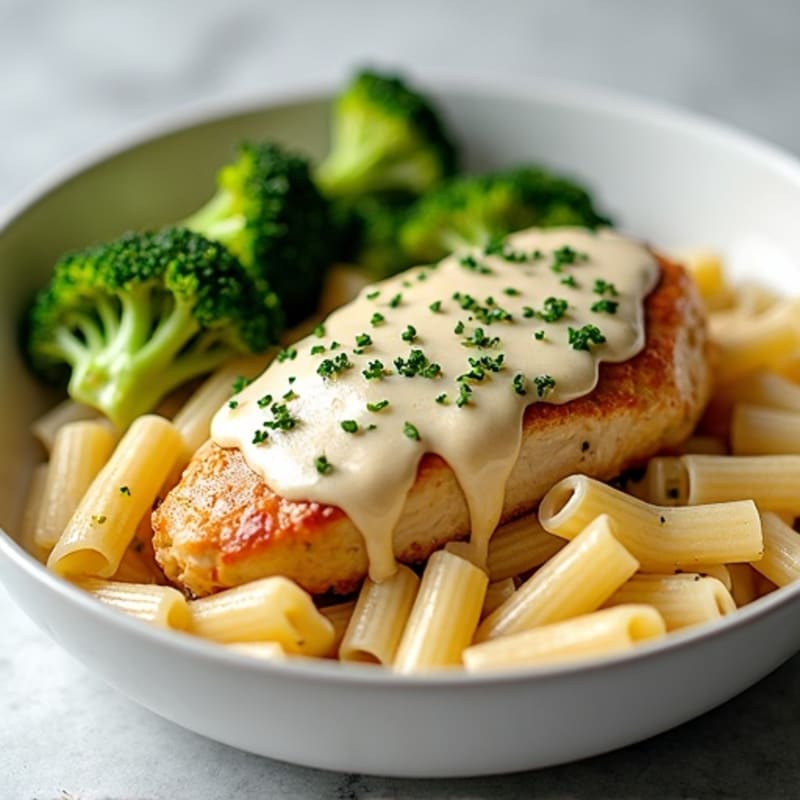 Chicken with Creamy Cashew Alfredo Pasta and Roasted Broccoli