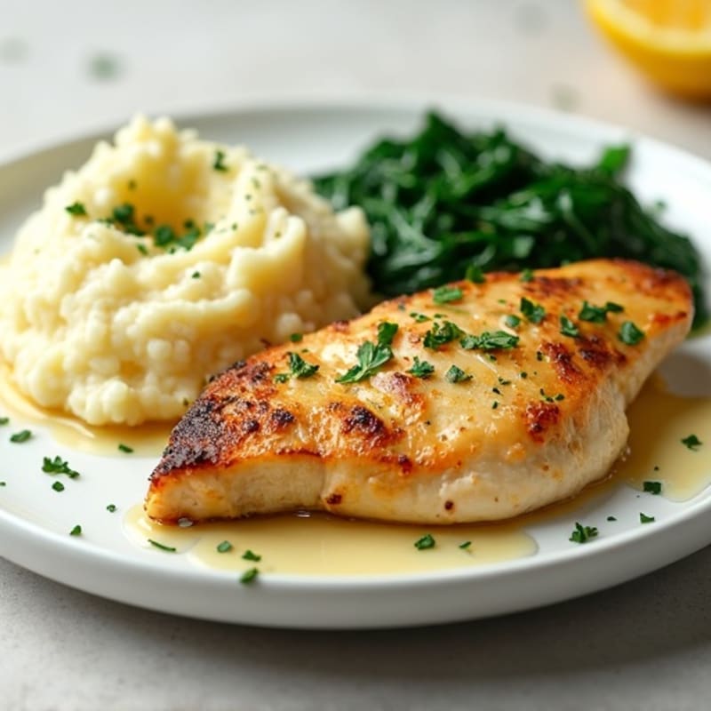 Lemon-Garlic Pan-Seared Chicken with Creamy Garlic Mashed Potatoes and Sautéed Spinach