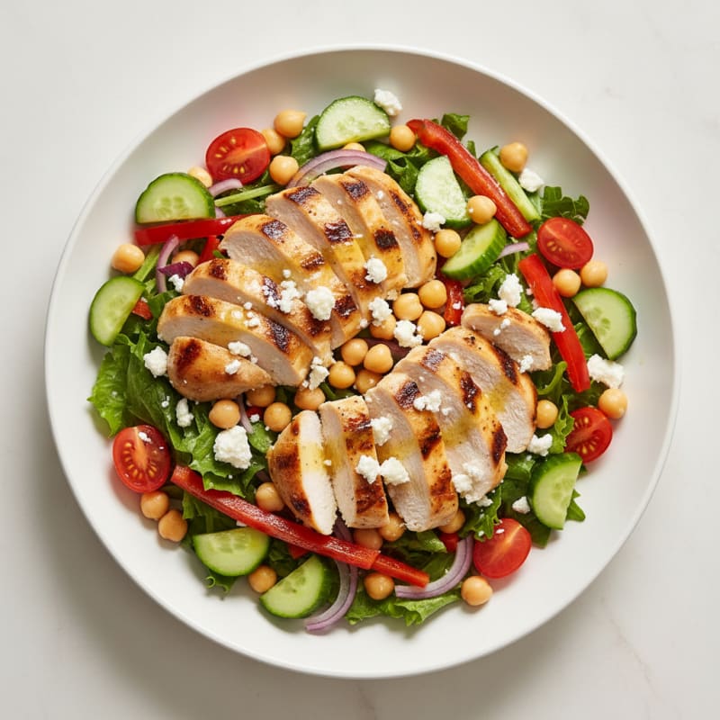Grilled Chicken Breast Salad with Chickpeas and Crunchy Vegetables