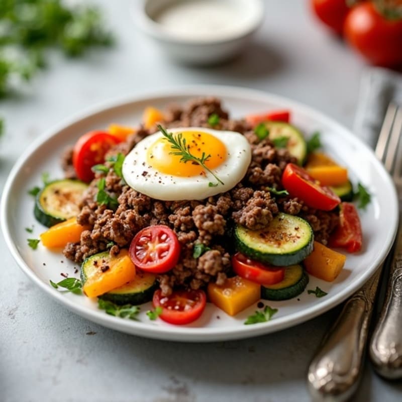 Lean Ground Beef and Roasted Vegetable Skillet