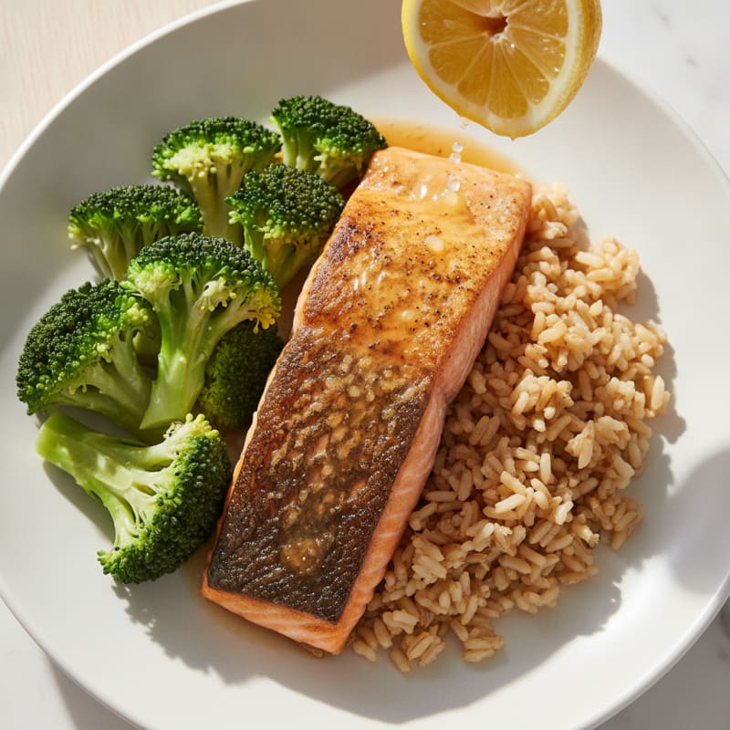 Seared Salmon with Steamed Broccoli and Brown Rice