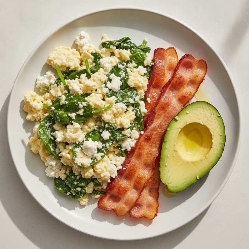 Cottage Cheese and Spinach Egg Scramble with Turkey Bacon