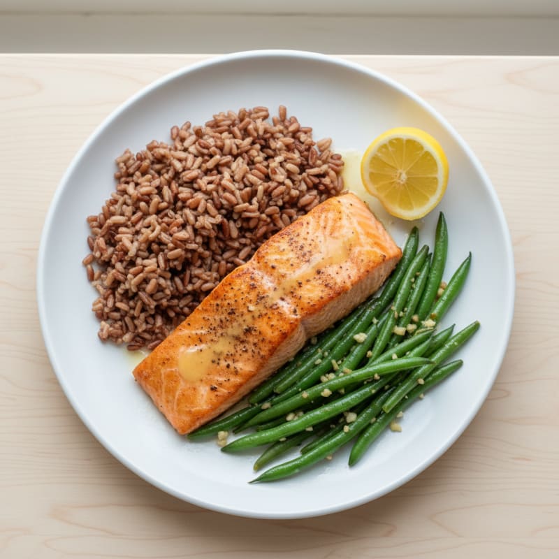 Seared Salmon with Garlic Green Beans and Brown Rice