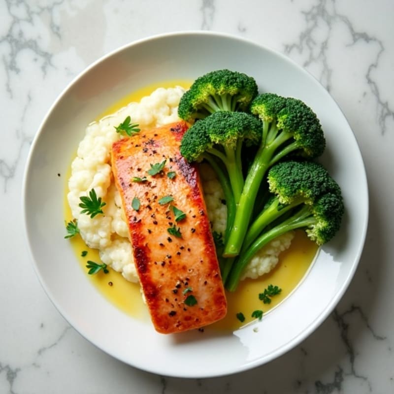 Seared Salmon with Steamed Broccoli and Cauliflower Mash