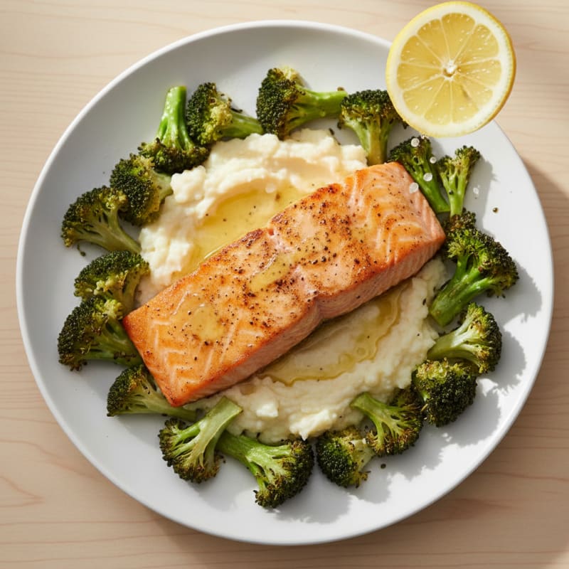 Seared Salmon with Roasted Broccoli and Garlic Mashed Cauliflower