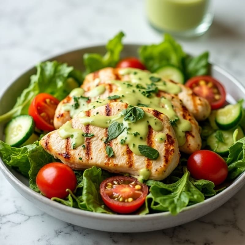 Grilled Chicken and Fresh Greens Salad with Creamy Avocado Dressing