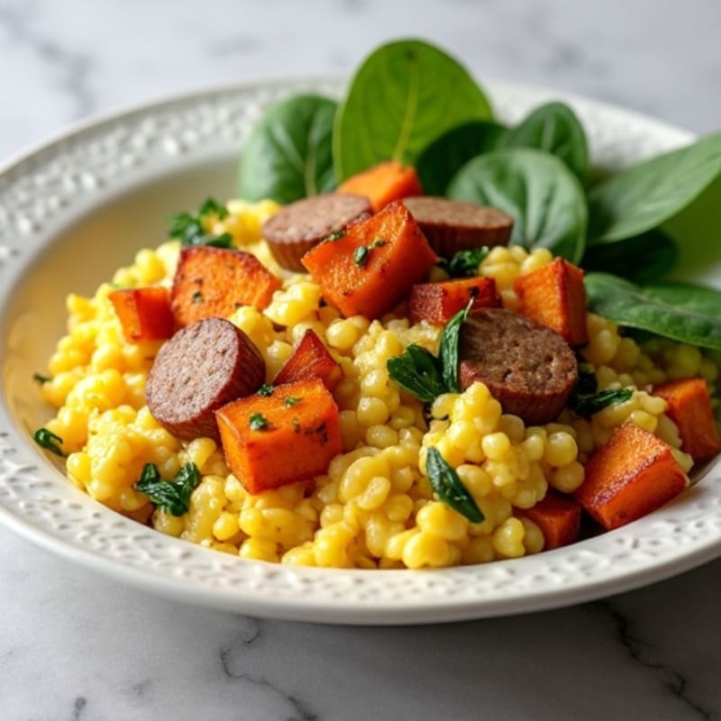 Egg White Scramble with Turkey Sausage and Roasted Sweet Potatoes