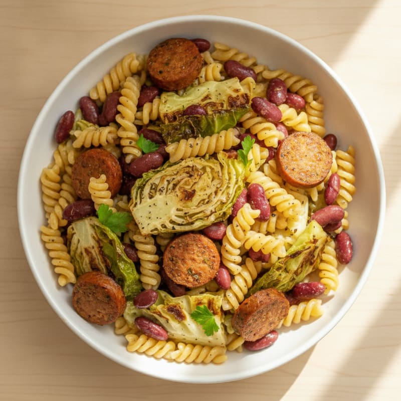Banza Protein Pasta with Kidney Beans and Roasted Cabbage