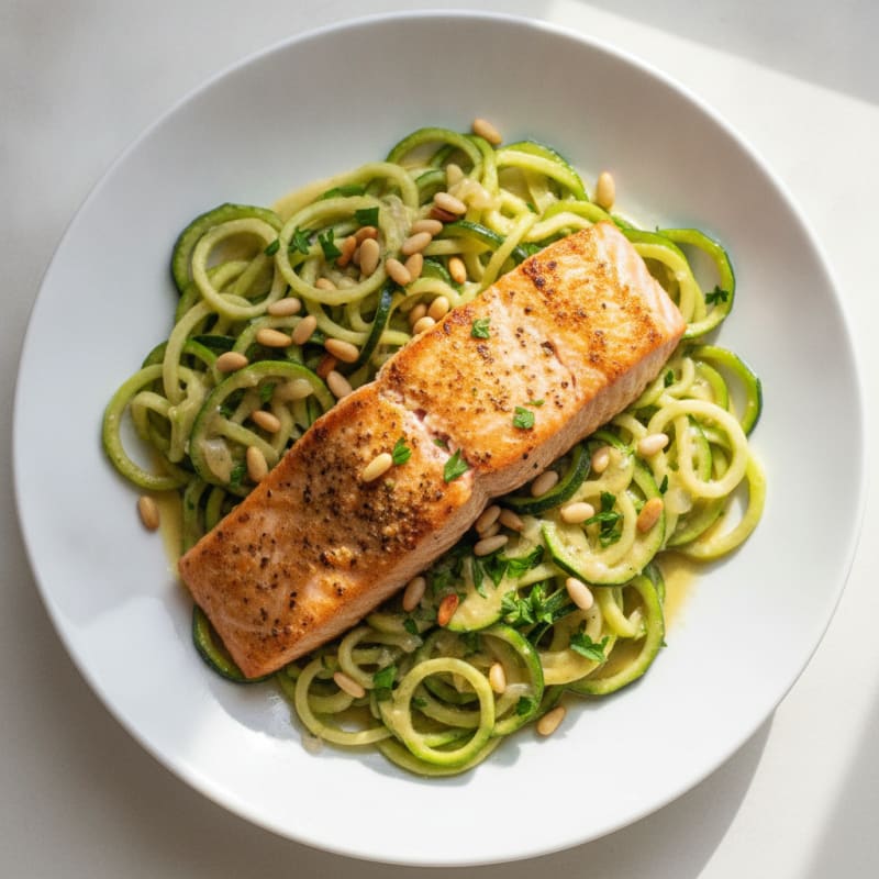 Seared Salmon with Zucchini Noodles and Lemon Herb Sauce