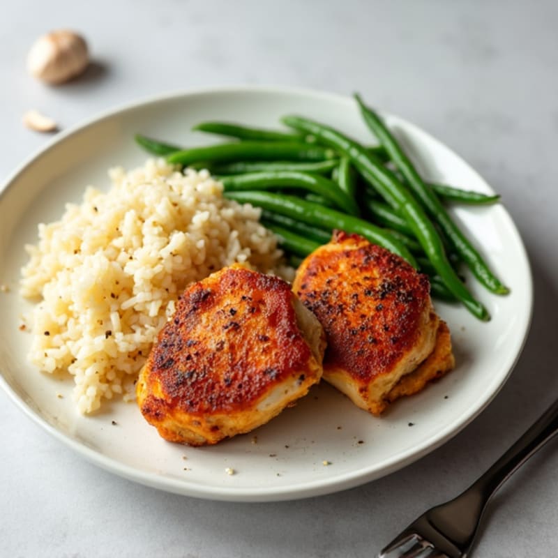 Crispy Baked Chicken Thighs with Garlic Rice and Steamed Green Beans