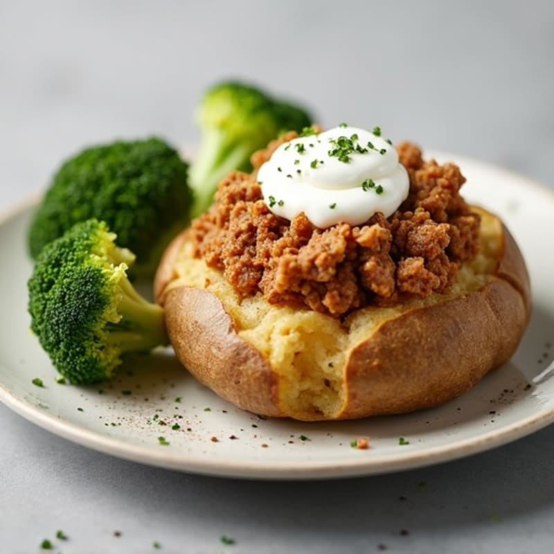 Fluffy Baked Potatoes with Lean Ground Turkey and Roasted Broccoli