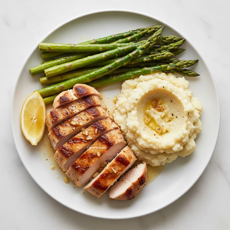 Seared Turkey Breast with Roasted Asparagus and Cauliflower Mash