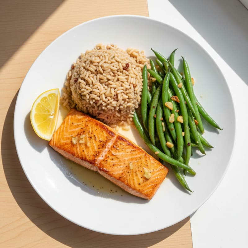 Seared Salmon Fillet with Garlic Green Beans and Brown Rice