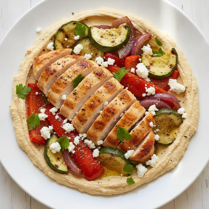 Mediterranean Hummus Platter with Roasted Chicken and Vegetables