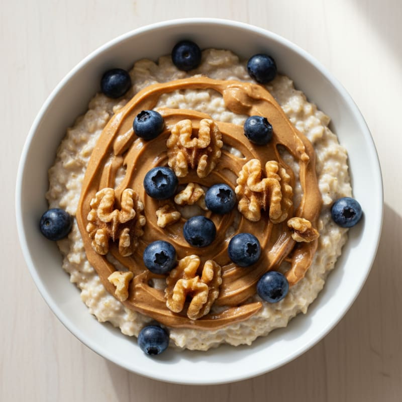 Peanut Butter Protein Oatmeal with Toasted Walnuts and Blueberries
