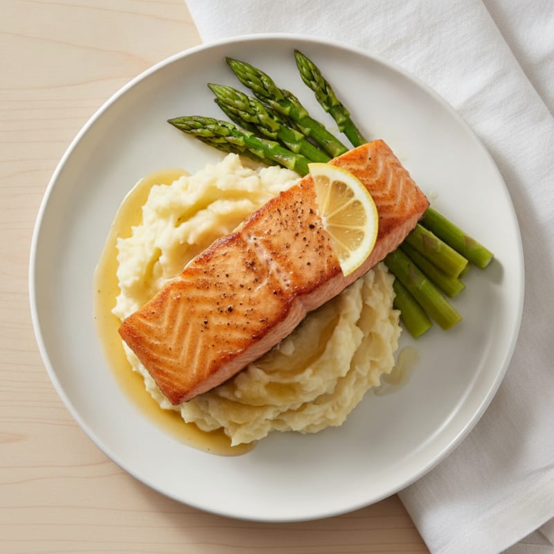 Seared Salmon Fillet with Garlic Mashed Potatoes and Steamed Asparagus