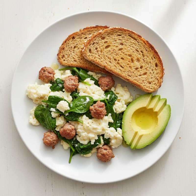 Egg White Spinach Scramble with Turkey Sausage
