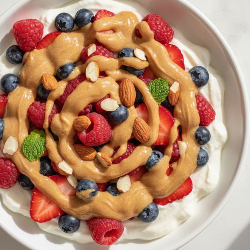 Greek Yogurt Protein Parfait with Mixed Berries and Almond Butter