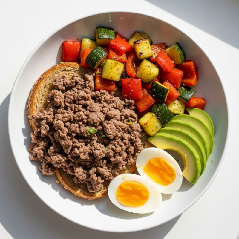 Lean Ground Beef and Roasted Vegetable Bowl