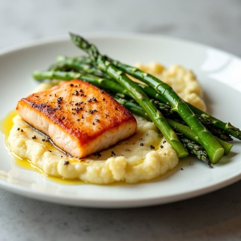 Seared Salmon with Steamed Asparagus and Cauliflower Mash