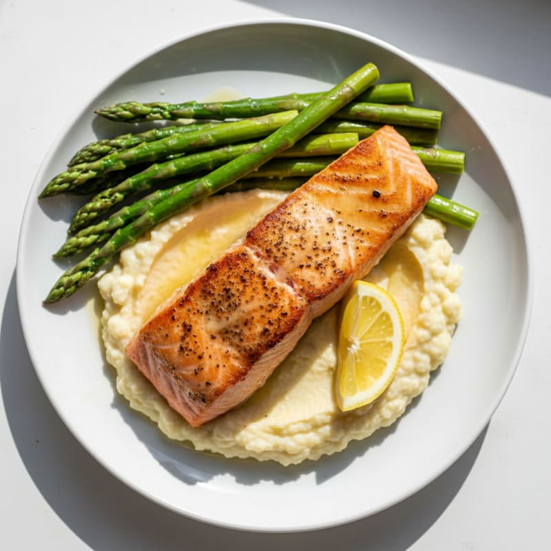 Seared Salmon Fillet with Steamed Asparagus and Cauliflower Mash