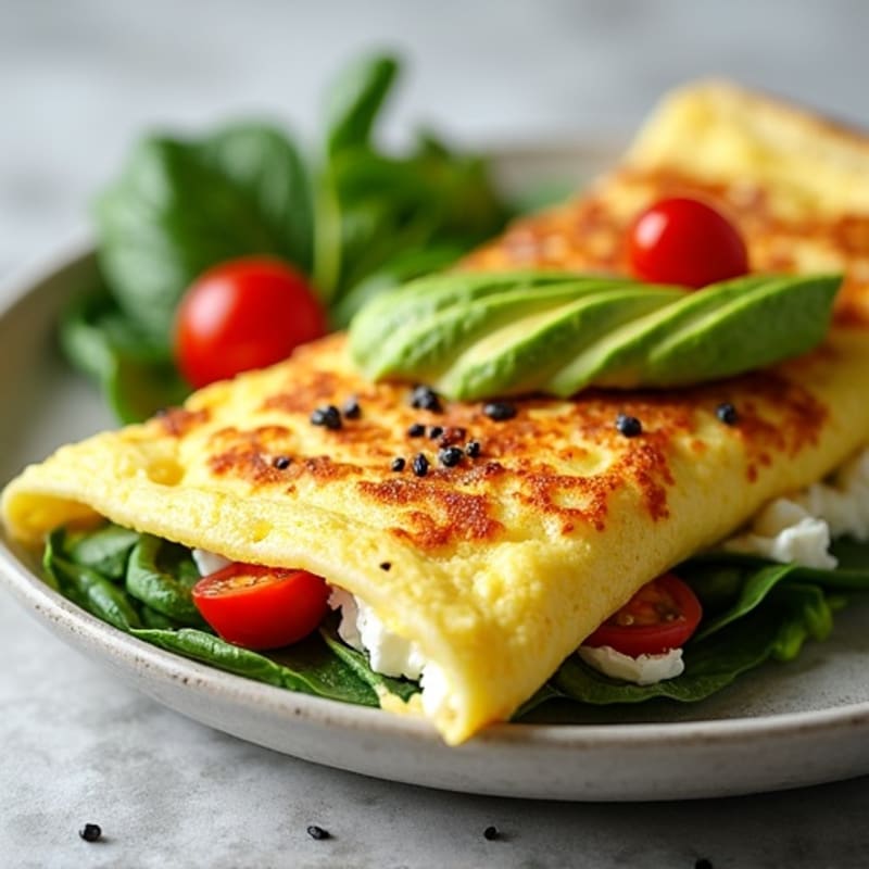 Egg White Spinach Omelette with Cottage Cheese and Cherry Tomatoes with Toast & Avocado