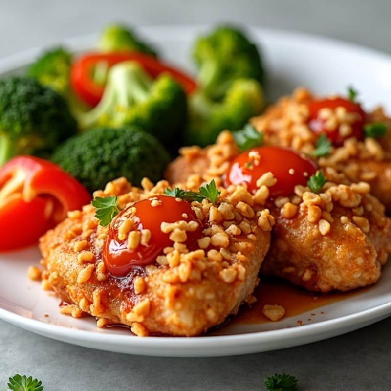 Crispy Baked Sweet & Sour Chicken with Roasted Broccoli and Bell Peppers